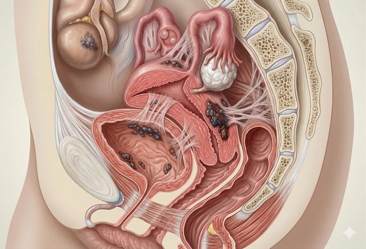 Endometriosis deposits throughout the pelvis