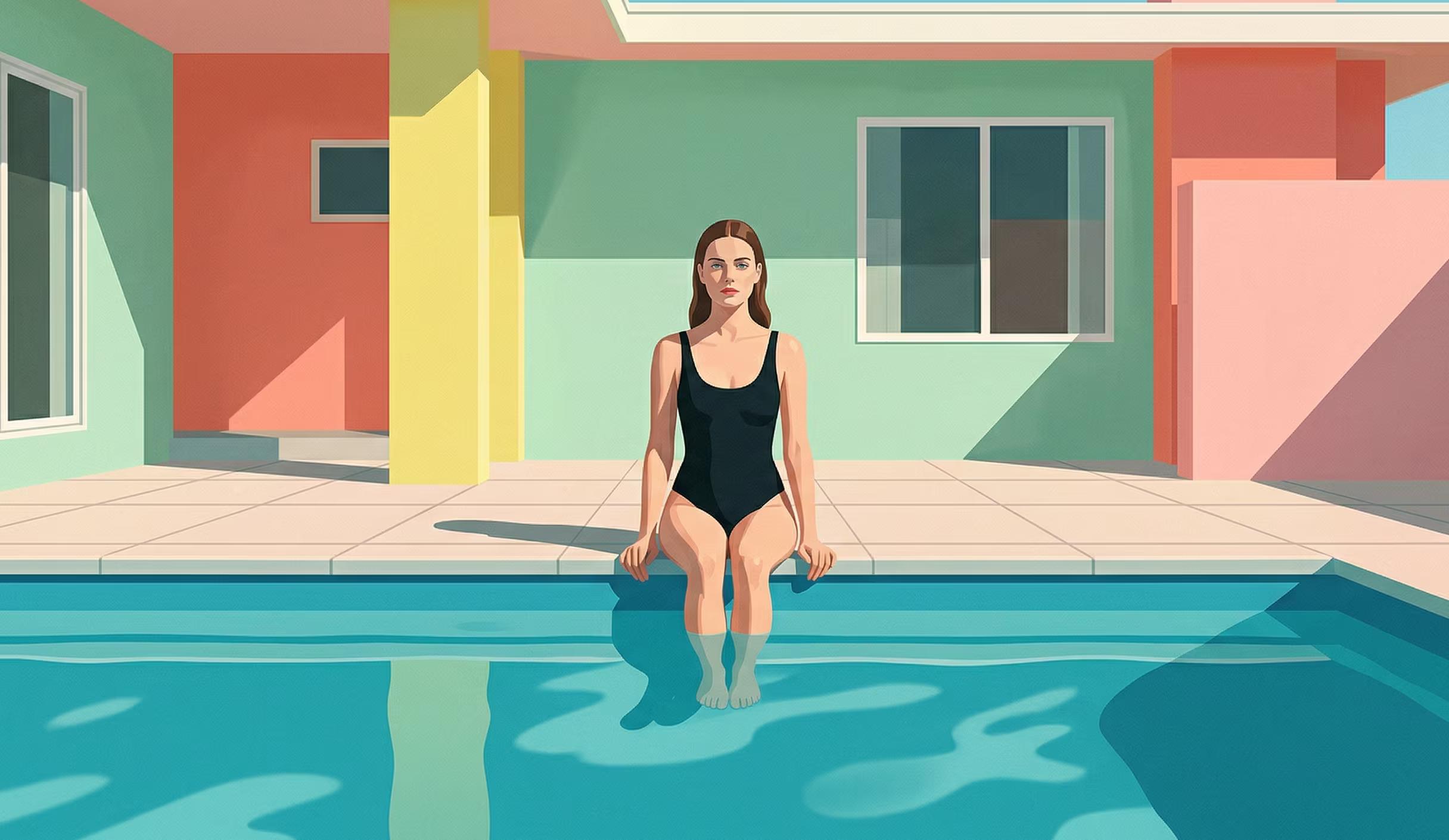 A lone woman sitting at the edge of a pool